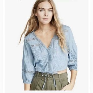 Free People Cornflower Blue Embroidered 3/4 Sleeve Top Size Large